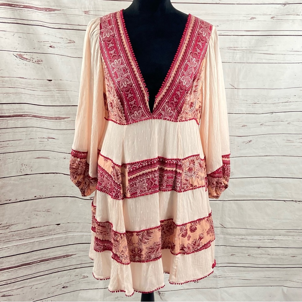 Free People Dress‎ Women’s Large Pink/Red My Love Tea Combo Embroidered Mini.